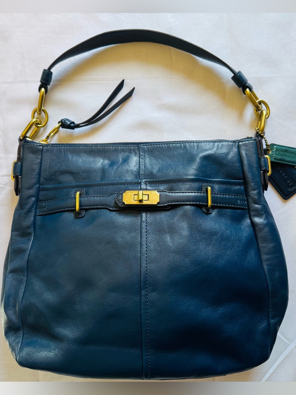 Coach Navy Leather Shoulder Bag with Gold Hardware